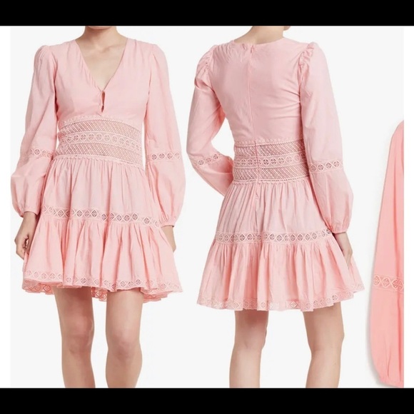 Area Stars Women's Pink Cotton Long Sleeve V-Neck Crochet Waist Dress Si… - Picture 1 of 7